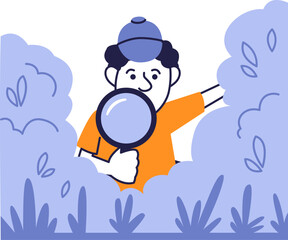Curious Man Exploring with Magnifying Glass in Bushes