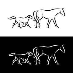 Elegant line art illustration depicting the peaceful companionship between a faithful dog and a majestic horse, symbolizing loyalty and a harmonious animal bond