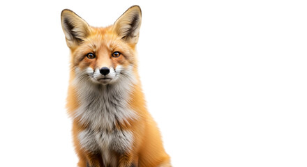 Obraz premium Close-up portrait of a beautiful red fox with intelligent eyes gazing forward isolated on a black background, showcasing its striking orange fur and fluffy tail in sharp focus