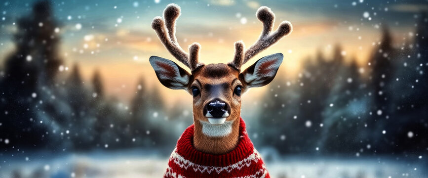 
funny deer wearing a sweater against a beautiful winter landscape 
