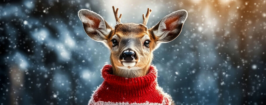 
funny deer wearing a sweater against a beautiful winter landscape 