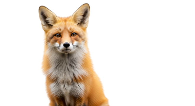 Close-up portrait of a beautiful red fox with intelligent eyes gazing forward isolated on a black background, showcasing its striking orange fur and fluffy tail in sharp focus