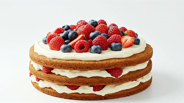 Threelayer cake topped with cream and berries against a plain white background
