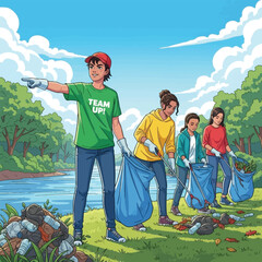 Group of young volunteers cleaning up trash in a park near a river.