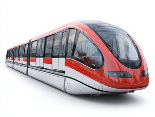 Modern, red and white elevated train, displayed against a plain white background, showing its sleek design and aerodynamic form.
