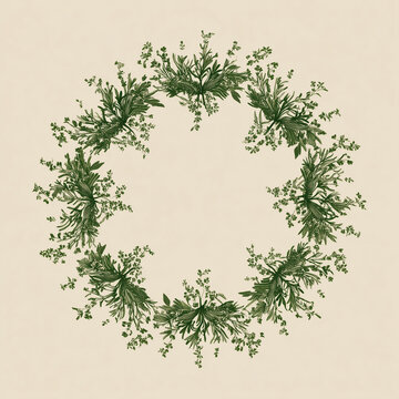 Ghirlanda botanica verde su beige, composizione circolare fine e ariosa. Spazio centrale per testo. Elemento decorativo isolato, perfetto per inviti, etichette e branding; scontorno immediato.
