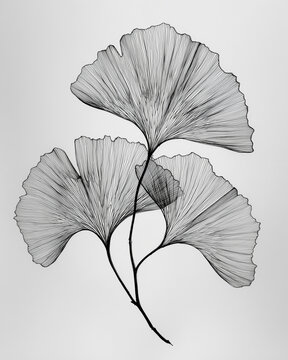 Tre rametti di ginkgo biloba in line art nera su fondo chiaro. Eleganza zen e forme a ventaglio. Elemento botanico isolato, perfetto per poster, loghi e packaging; scontorno semplice.