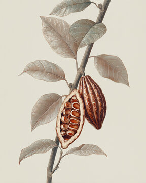 Ramo di cacao con cabosse intera e aperta, stile decorativo inciso su fondo beige. Elemento isolato per packaging cioccolato, infografiche ed etichette gourmet; sfondo neutro, scontorno semplice.
