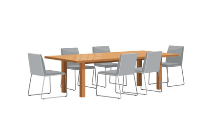An illustration of a dining table with six chairs on a white background