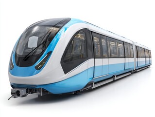 A modern light rail train, featuring a sleek design in vibrant blue and white, is presented against a pure white background.