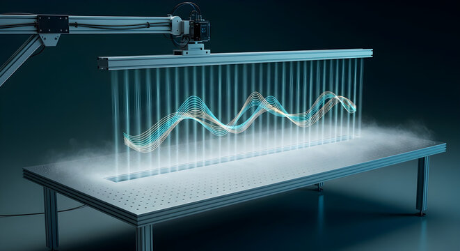 A robotic arm projects a beautiful, glowing holographic sine wave, a stunning visualization of the audio data being used by a creative AI art generator tool to influence its work.