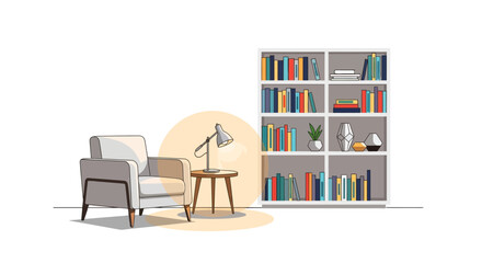 Cozy interior design featuring an armchair, table lamp, and bookcase