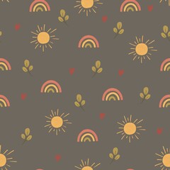 Seamless watercolor pattern with hand-drawn suns, rainbows, hearts, and leaves on a dark background. Cute boho style design for kids, fabric, wallpaper, stationery, and digital projects.