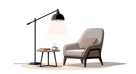 Cozy reading corner with armchair and warm lighting illustration