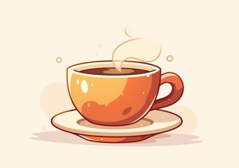 Obraz premium A steaming cup of coffee in an orange mug, sitting on a saucer, representing a moment of relaxation. The warm colors evoke a sense of comfort and tranquility.