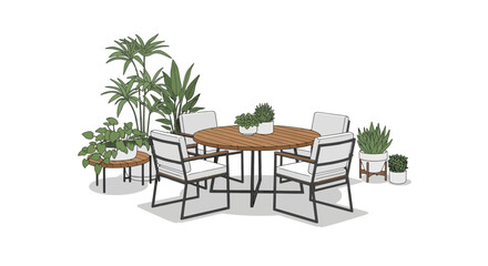 Enchanting Outdoor Gathering Space with Lush Greenery and Modern Furnishings