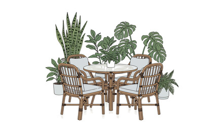 Obraz premium Illustrated garden dining set with tropical plants on a white background