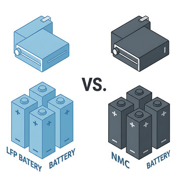 Isometric LFP battery vs. NMC battery comparison illustration. This graphic depicts two types of battery technologies, LFP and NMC, shown in both single pack and multiple cell configurations