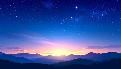 Fototapeta premium Sunrise over a mountain range under a starry sky