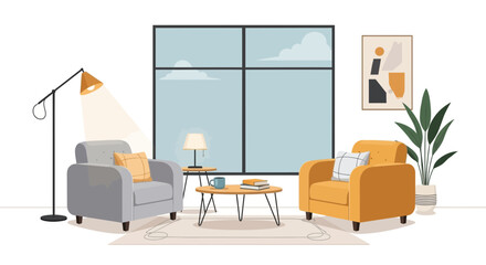 Inviting Interior Scene with Armchairs, Tables, and Natural Light Window