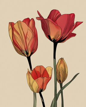 Tulipani rossi e gialli in line art su beige, tratti fini e volumi grafici. Elemento floreale isolato per poster, tessile e comunicazione; sfondo neutro, scontorno rapido.