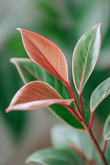 Obraz premium Leaf with a red tip and green stem is shown in a green background. The leaf is the main focus of the image, and its vibrant colors create a sense of life and energy