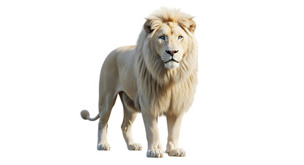 Obraz premium Majestic White Lion Standing Proudly with Intense Blue Eyes and Full Mane Isolated on Black Background Symbolizing Power and Nobility