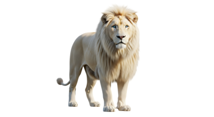 Majestic White Lion Standing Proudly with Intense Blue Eyes and Full Mane Isolated on Black Background Symbolizing Power and Nobility