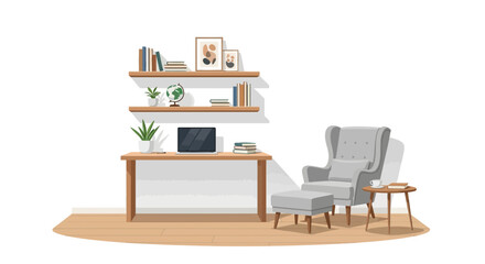 Minimalist home office setup with desk, shelving, and cozy armchair space