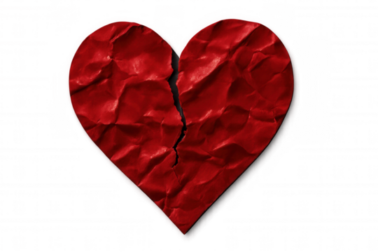 Red crumpled paper heart is broken in two pieces, representing a broken relationship, over a transparent background