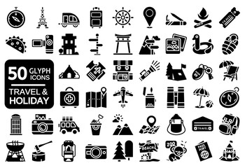 50 set of travel, holiday, vacation glyph icon