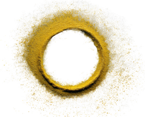 Golden ring of granular particles.  A circular frame of tiny, gold-yellow particles surrounds a dark void.  The particles are densely packed, creating a textured border