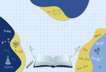 School education framework template with open book, handdrawing school formulas , math graph   background in the middle.Back to school presentation ,invitation concept Free copy space.