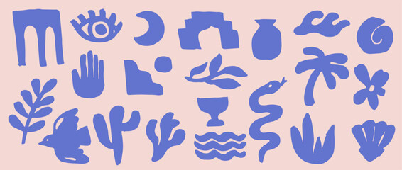 Vector clipart with magical logo, icons, elements in  boho greek antique style. Vector illustration background in trendy retro naive simple style