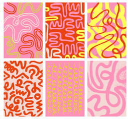 Abstract  contemporary aesthetic backgrounds set in doodle grunge style. Maximalist modern wall art posters set. Organic shapes, continuous line, playful curved bold brush strokes