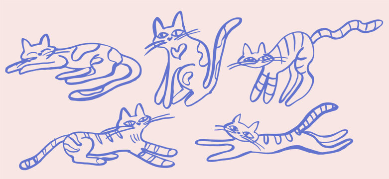 Mid Century modern abstract print with cute pastel cats. Childish cartoon groovy boho illustration. Naive funky hand drawn style art vector set