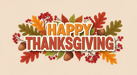 Autumnal design featuring "Happy Thanksgiving" text surrounded by oak leaves, acorns, and berries, conveying warmth and seasonal greetings, ideal for holiday banners or cards