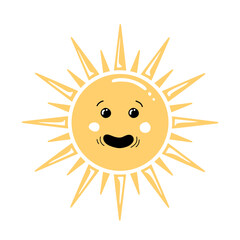 Cute cartoon sun character with a surprised and happy face. Hand-drawn style vector graphic isolated on white