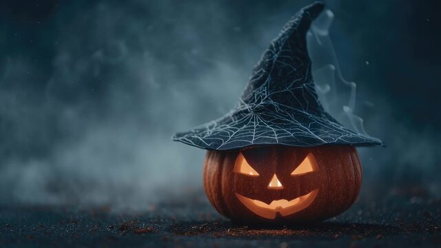 Halloween Pumpkin with carved face in black witch hat in the dark at night in smoke and fog