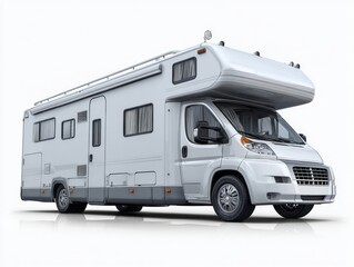A modern, light gray motorhome stands out against a bright white background, showcasing its sleek lines and spacious design.