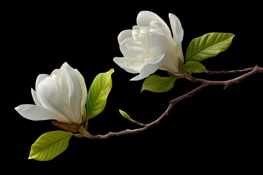 Ramo di magnolia con due fiori bianchi e foglie verdi su fondo nero uniforme. Elemento floreale elegante, scontornabile, ideale per branding cosmetico, inviti raffinati, poster e composizioni.