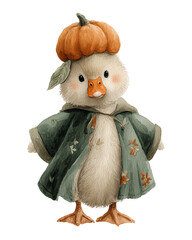 Cute duckling in green cloak with pumpkin hat, autumn watercolor illustration, Halloween, isolated with transparent background