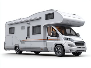 Modern, light gray camper van with a pop-top design, isolated against a white background, showcasing its sleek lines and spacious features.