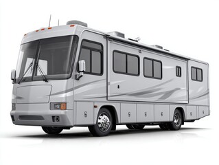 A full, modern, silver recreational vehicle is presented against a plain white background.
