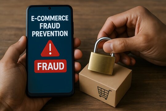 E-commerce fraud prevention concept with a smartphone and a padlock