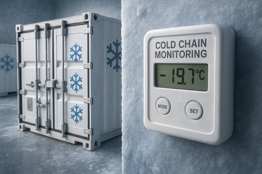 A cold chain monitoring display with cargo containers in a freezing storage