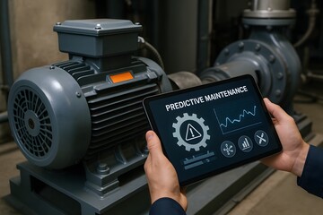 Technician using a tablet to monitor a machine, highlighting predictive maintenance