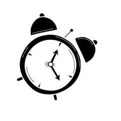 Hand-drawn black and white alarm clock icon symbolizing time management, deadlines, and the morning wake-up call