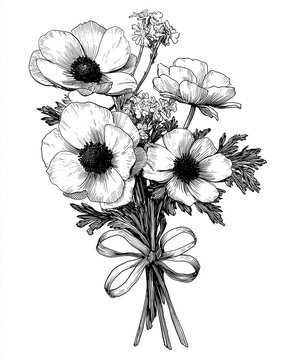 Bouquet di anemoni inchiostrati con fiocco, su sfondo bianco. Disegno floreale elegante e scontornabile, perfetto per wedding suite, biglietti, packaging romantico, poster e composizioni.