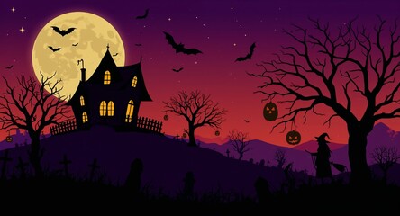 Spooky Halloween Night Scene with a Haunted House, Witch, and Bats under a Full Moon